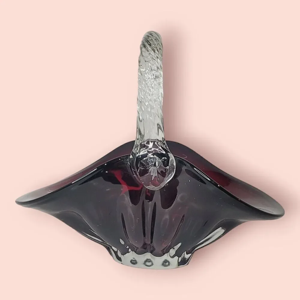 Ruby Red Hand Blown Art Glass Basket Applied‎ Handle Clear Ground Base